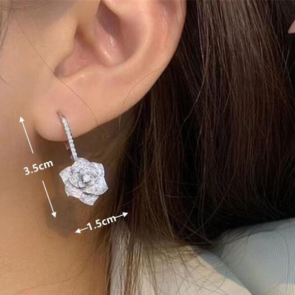 Gorgeous 14k Gold Plated Silver Diamond Flower Drop Earrings - Picture 3 of 4